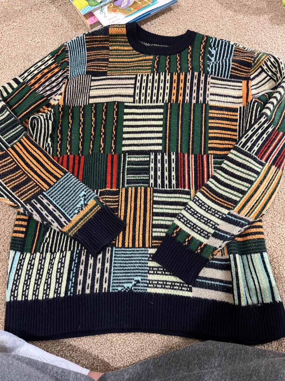 PacSun Striped Patchwork Crewneck Sweater - Navy, Green, Mustard